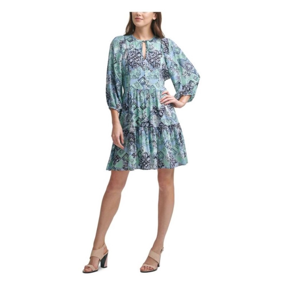 Calvin Klein Blue & Green Blouson Sleeve Paisley Print Tier Dress - Women’s 12